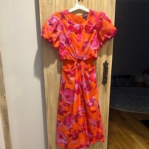 Elegant Floral Midi Dress in Orange and Pink